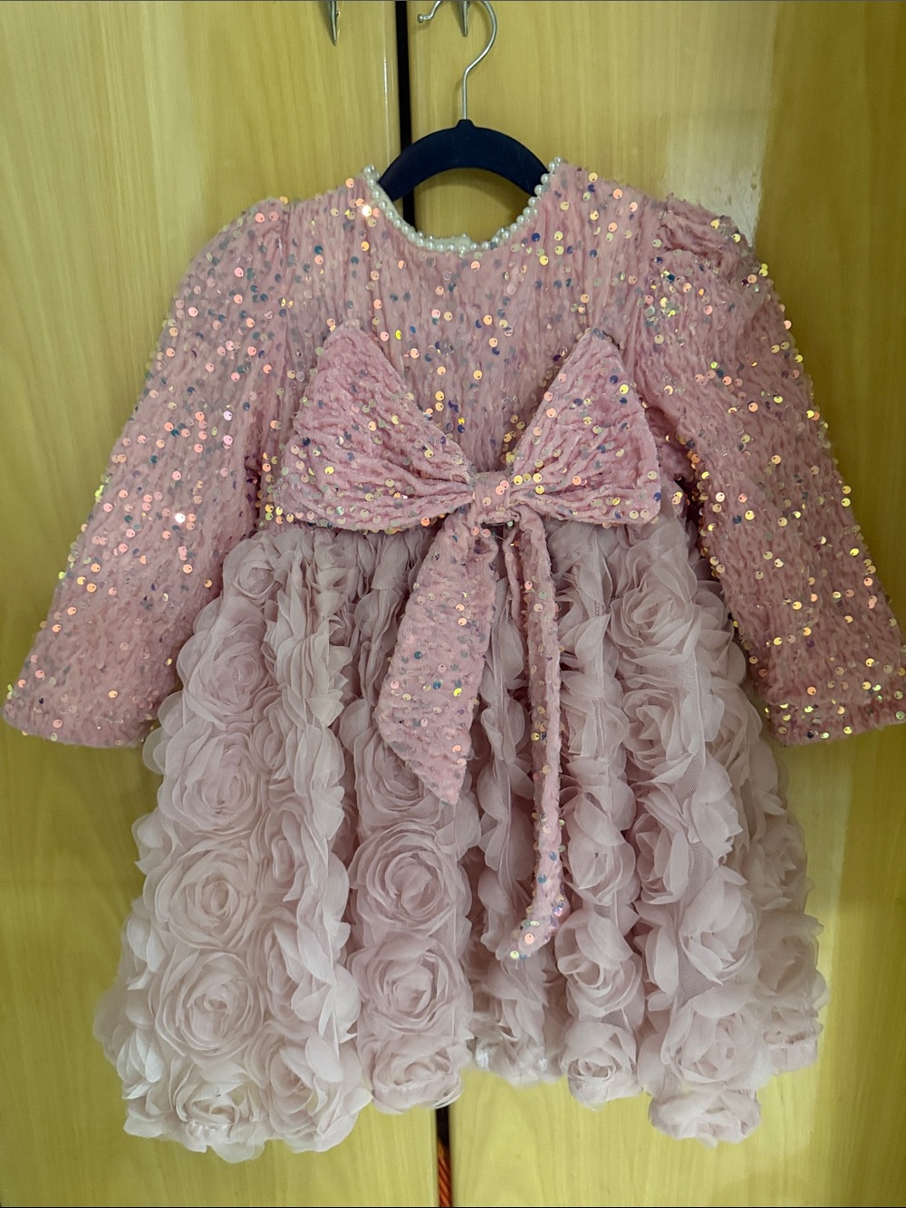 Girls' Pink Sequin & Rosette Party Dress with Bow